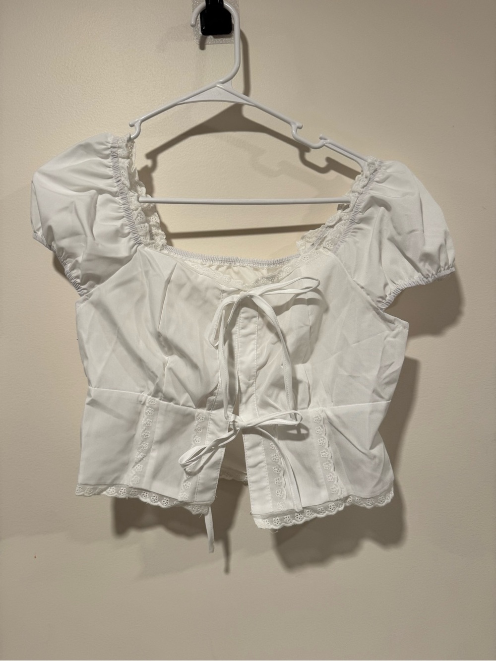 SHEIN White Lace-Trim Peasant Crop Top with Front Ties Medium
